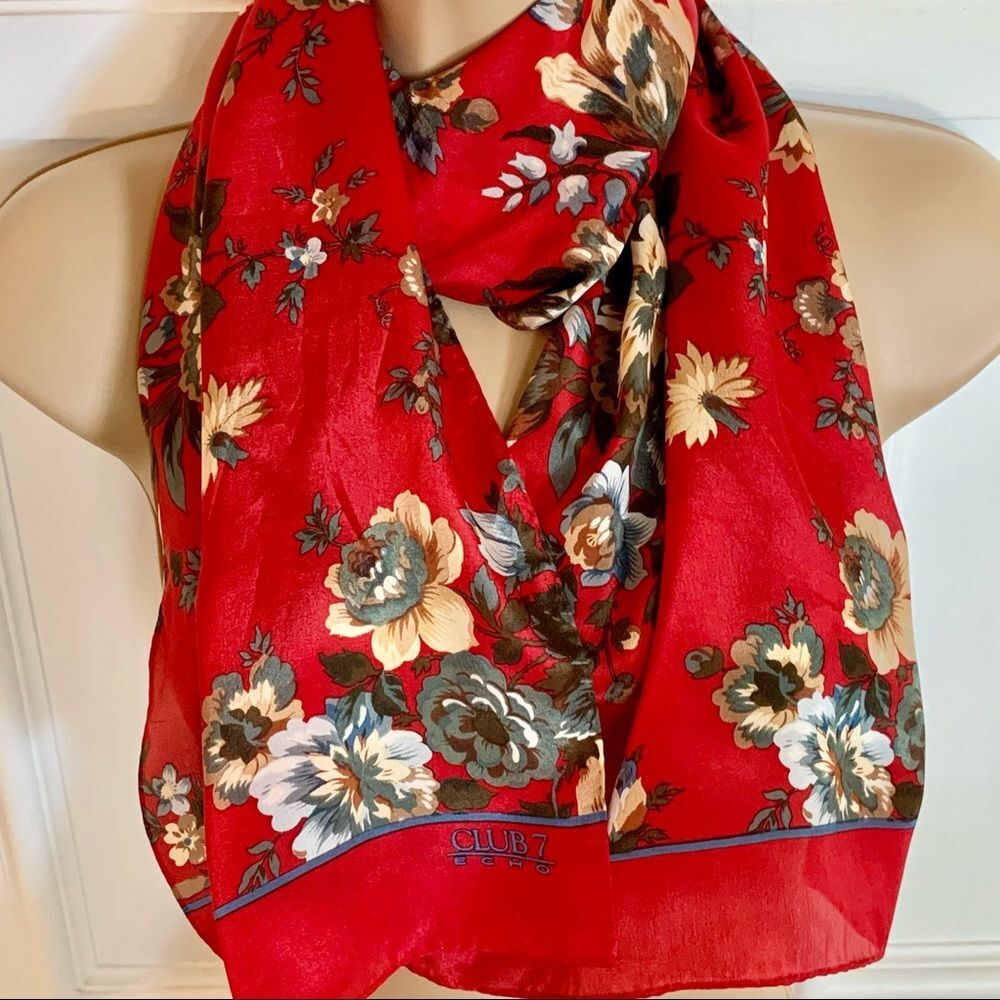 Club 7 Echo Red‎ Floral 100% Silk Scarf